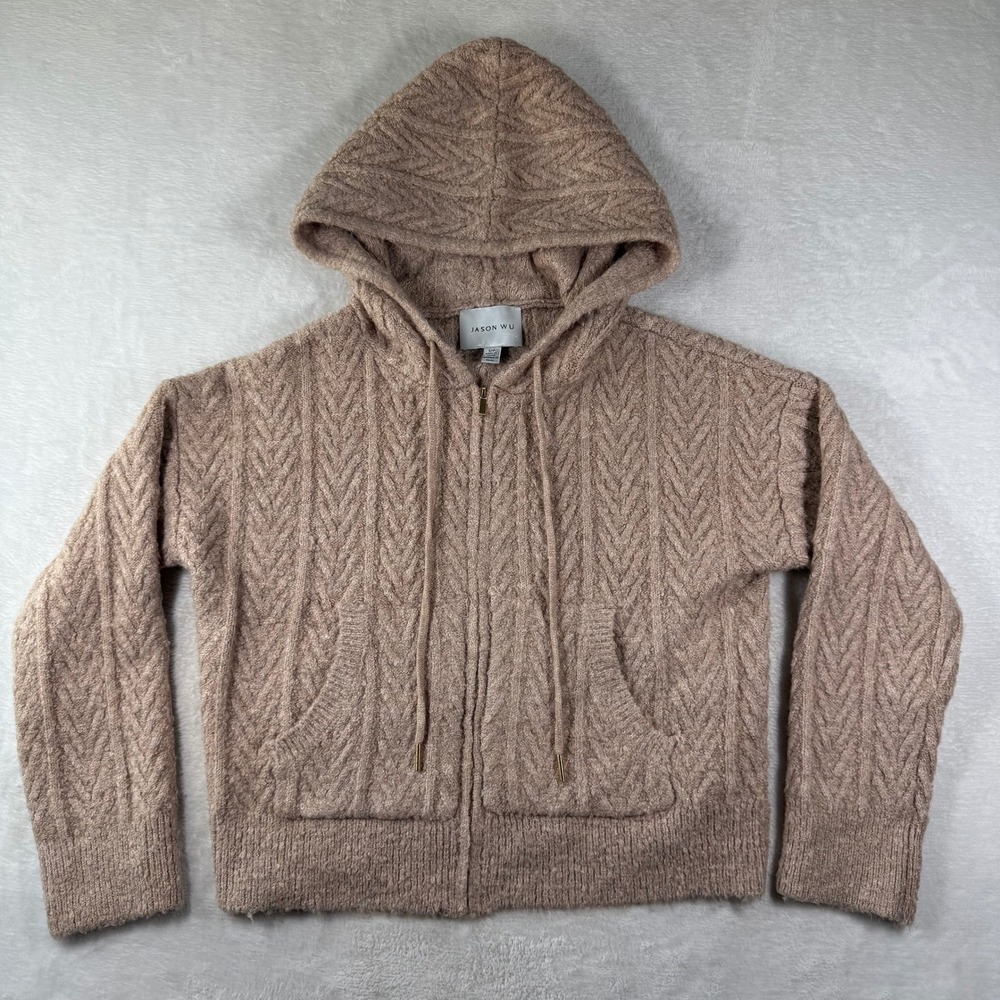 Jason Wu Womens Taupe Cable Knit Full Zip Hooded Sweater S P Beige